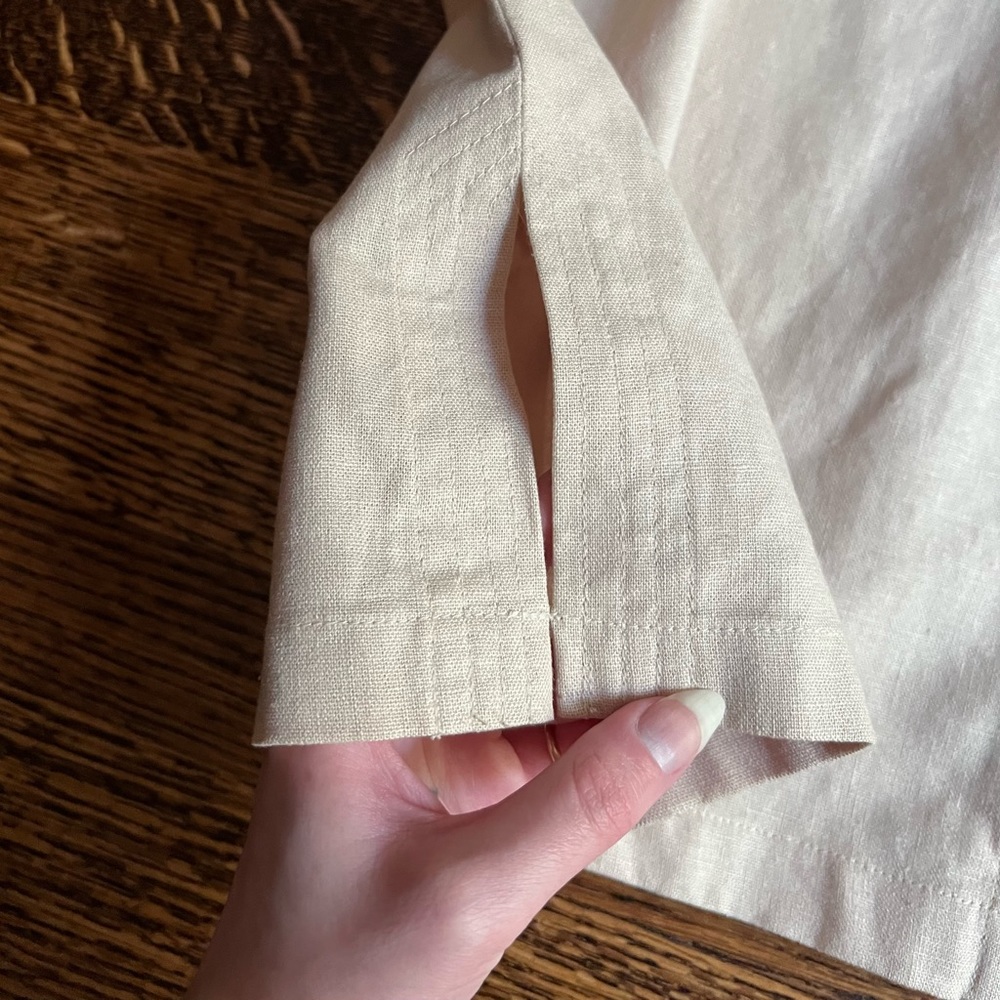 Ecru Linen Button Down, Collarless With Mother Of… - image 6